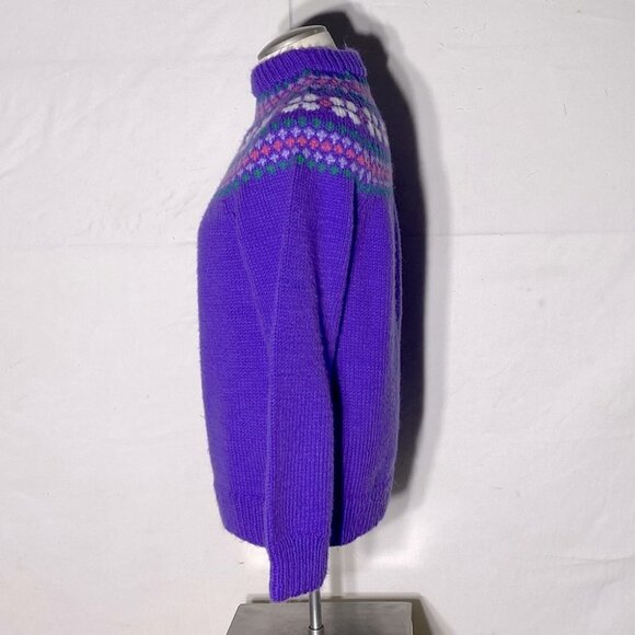 Hand Knit Purple Fair Isle Mock Neck Sweater M - Picture 3 of 11